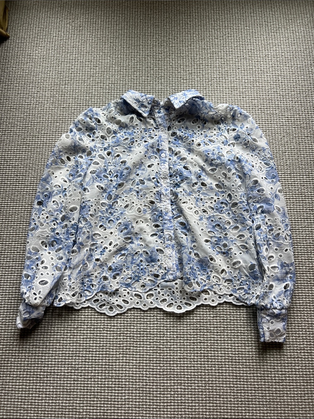Caroline Constas Blue and White Floral Eyelet Button-Down Shirt